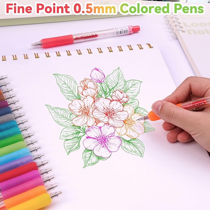 Gel Pens for Coloring Books, 20 Colored Gel Pens, 0.5mm Fine Point Colorful Journaling Supplies, Comfort Grip Quick Drying for Drawing, Markers, Doodling, Scrapbooks Journaling