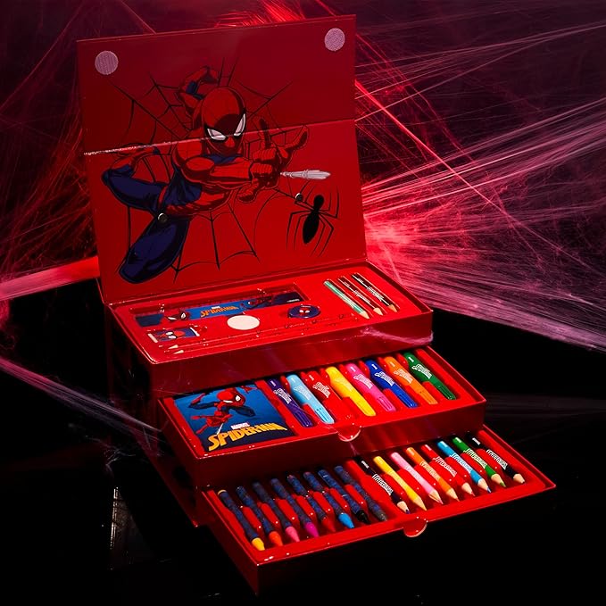 Marvel Spiderman Colored Pencils Art Supplies Kids Set Coloring Pens Stationery Girls Drawing Pencils Supplies Travel Case with Crayons Arts and Crafts for Kids 4-12 (Red)