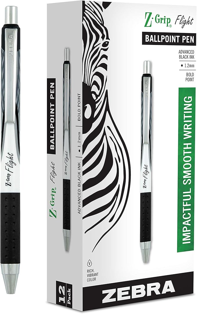 Zebra Pen Z-Grip Flight Retractable Ballpoint Pen, Bold Point 1.2mm, Black Ink, School Supplies, Teacher Supplies, and Office Supplies, Smooth Writing, Quick-Drying, 12-Pack (21910)