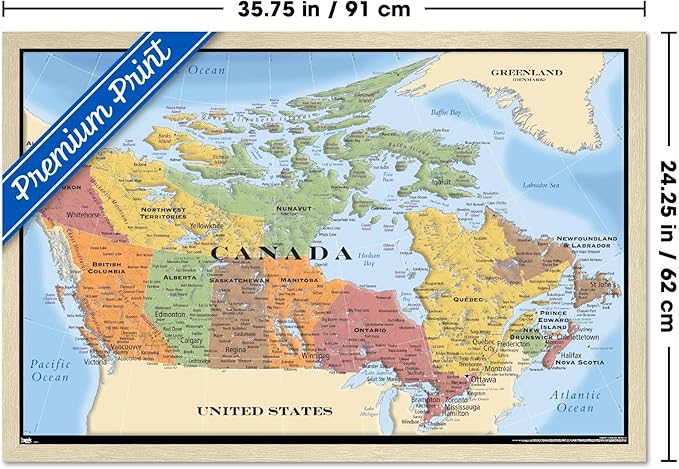 Map - Canada Wall Poster, 34L" x 22.4W", Blonde Framed Version