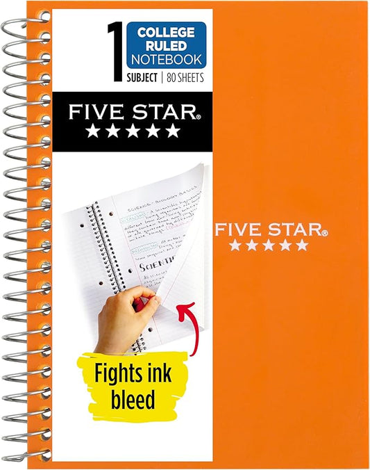 Five Star Spiral Notebook, 1 Subject, College Ruled Paper, 4-3/8" x 7", Personal Size, 80 Sheets, Fights Ink Bleed, Water Resistant Cover, Sedona Orange (450048CD1-ECM)