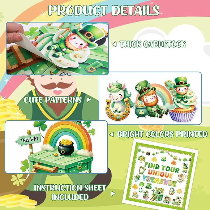 Fancy Land St. Patrick's Day Bulletin Board Set for Classroom Decorations Irish Shamrock Rainbow Gold Coin Pot Cutouts for Chalkboard Home Office Wall Door Decor 69Pcs