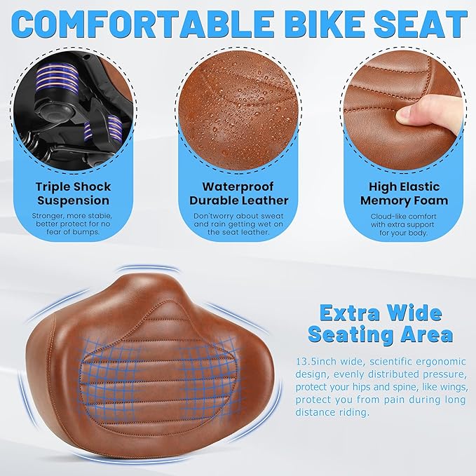 Noseless Oversized Bike Seat for Men Women Comfort, Extra Wide Padded Bicycle Seat Cushion, Large Comfortable Bike Saddle for Peloton, Stationary Exercise Bike, Beach Cruiser, City Bike, Ebike