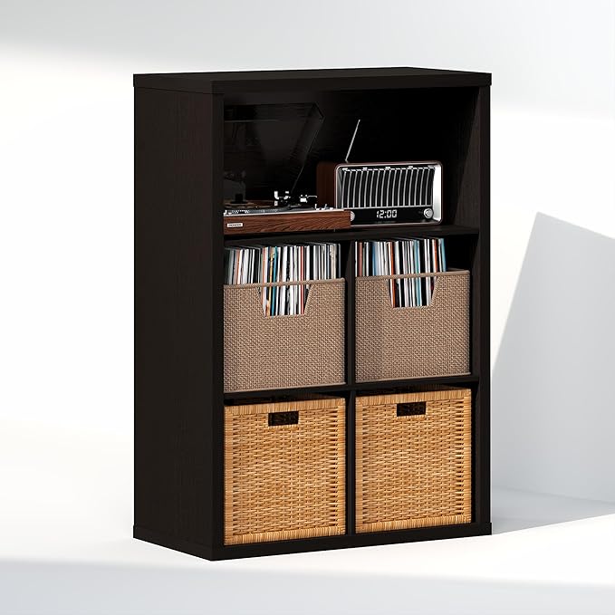 Furinno Cubicle Record Player Stand with Vinyl Storage, 5-Cube 1.2 Extra Thick Vinyl Record Storage, Open Back Media Shelf for CD DVD Blueray Game Disc, for Living Room, Home Office, Black Dark Oak
