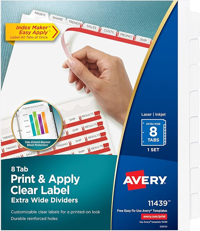 Avery 8-Tab Extra Wide Binder Dividers, Easy Print & Apply Clear Label Strip, Index Maker,White, 1 Set (11439)