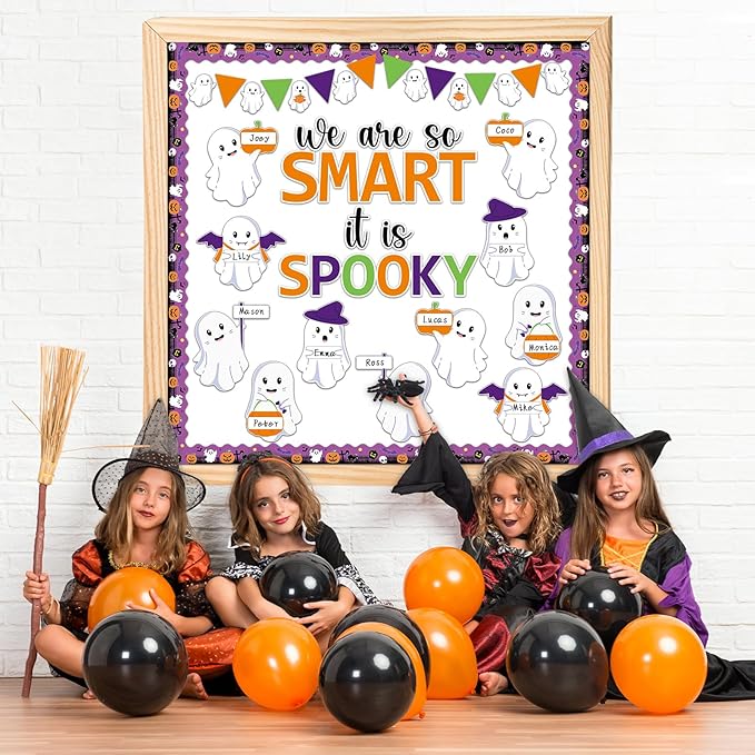 gisgfim Halloween Bulletin Board Decoration Set Halloween Cute Ghost Name Tag Paper Cutouts Ghost Classroom Bulletin Board Decor for Holiday School Home Wall(We are So Smart It is Spooky)