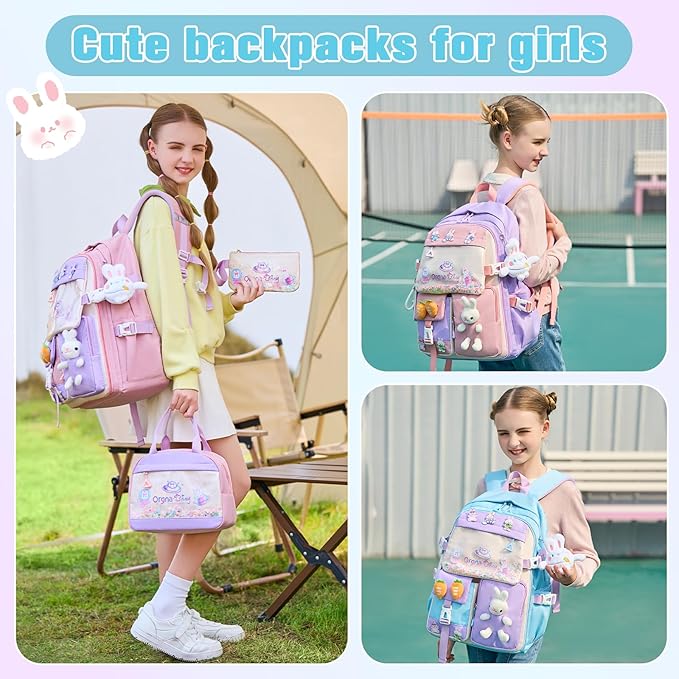 Backpack for Girls Cute Bookbag Set with Lunch Box Pencil Case Kawaii Bunny School Backpacks for Girl 3 Pcs Kindergarten Elementary Preschool Middle Sequin School Bag for Girls (Bluepink)