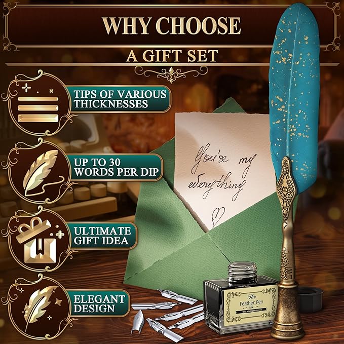 Feather Quill Pen and Ink Set – Stainless Steel Dip Pen Writing Quill and Ink Set with 5 Replacement Nibs, Non-Slip Knurled Grip, Display Stand and Elegant Gift Box – Calligraphy Gift Set (Turquoise)