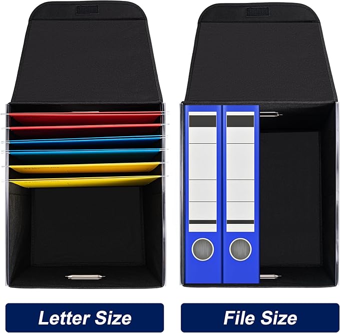 CADONO File Organizer Box with Lid, Large Hanging File Folder Organizer with Plastic Slide, Collapsible Portable Filing Storage Boxes for Office/Decor/Home (Black, 14.9 x 12.59 x 10.8 inch)