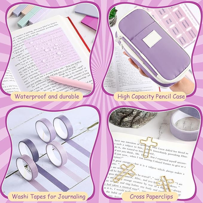 137 Pcs Bible Study Supplies Journaling Kit 1 Pencil Case 12 Highlighters 4 Sticky Notes 6 Gel Pens 35 Paper Clips 3 Tapes 1 Markers 75 Tabs for Christmas Bible School Gifts(Pink Purple)