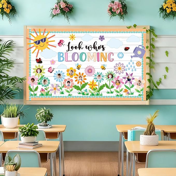 Spring Bulletin Board Decorations Set Classroom Decoration Look Who’s Blooming Spring Bloom Flower Growth Mindset Photo Posting Craft Cutout for School Offices Classroom Back to School Party Supplies