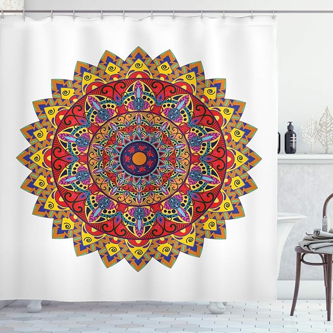 Ambesonne Ethnic Shower Curtain, Bohemic Hippie Design with Geometric Oriental Shapes Image Print, Cloth Fabric Bathroom Decor Set with Hooks, 69" W x 70" L, White