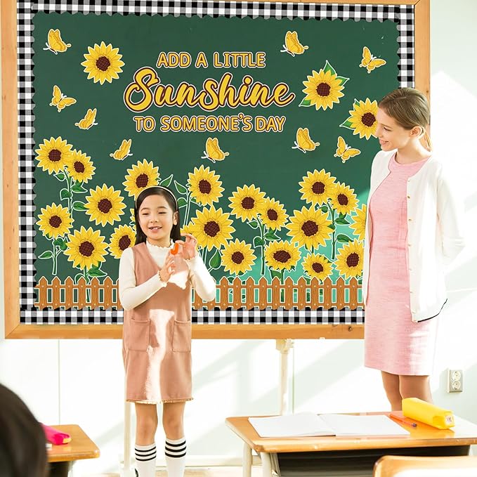Sunflower Bulletin Board Decoration Fall Cutout Set with Butterflies Fences Bulletin Cardboard Thanksgiving Motivational Sayings Cutouts for Classroom Window Wall Door Home Office Nursery School Decor