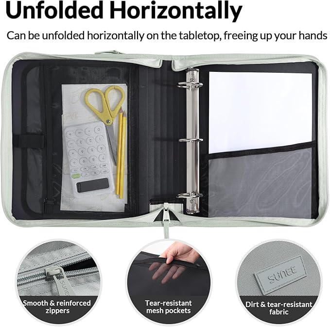 SUNEE Zipper Binder Bag with Handle, 2-Inch 3-Ring O-Ring, 500-Sheet Capacity, Includes Zip Pocket, 5-Tab Expanding File Folder, Multi-Pocket Organizer Binder for Middle School, Sage Green