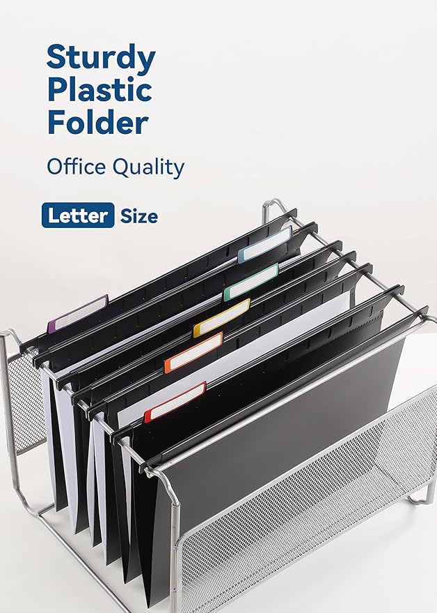 Plastic Hanging File Folders, Sturdy & Tear-Resistant, Letter Size, 12 Pack with Insertable 1/5-Cut Tabs, Black