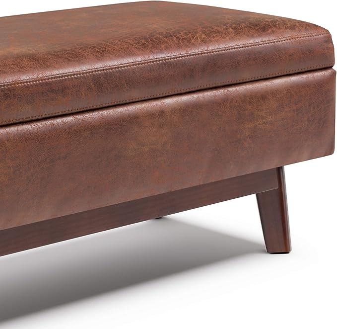 SIMPLIHOME Owen Rectangular Storage Ottoman - 48 inch Wide Upholstered Vegan Leather Lift-Top Ottoman in Distressed Saddle Brown, Mid-Century Modern Ottoman for Living Room with Tufted Detail