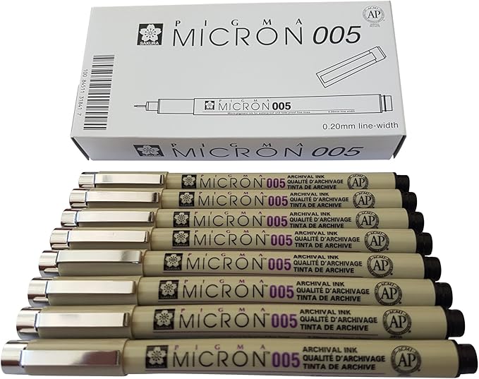 Sakura Pigma Micron pen 005 Black ink marker felt tip pen, Archival pigment ink, fine point for artist drawing pens - 8 pen set