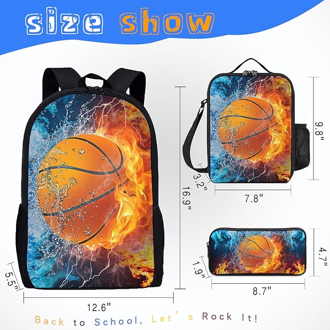 3PCS Basketball Backpack Set for Boys, Lightweight Large Backpack with Lunch Box & Pencil Case, Cool Sport Bookbag for Kids, Back to School Backpacks for Elementary & Middle School - 02