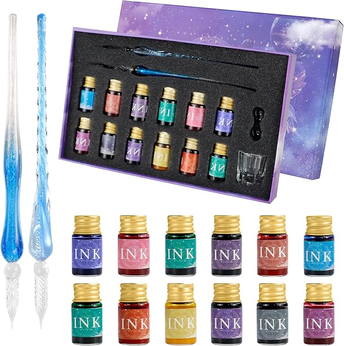 Glass Dip Pen Ink Set, 16pcs Calligraphy Fountain Pens Set, 2 Crystal Glass Pen, 12 Gold Powder Drawing Ink Drip Tool for Writing Signatures Art Christmas Gift, Calligraphy Kit for Beginners