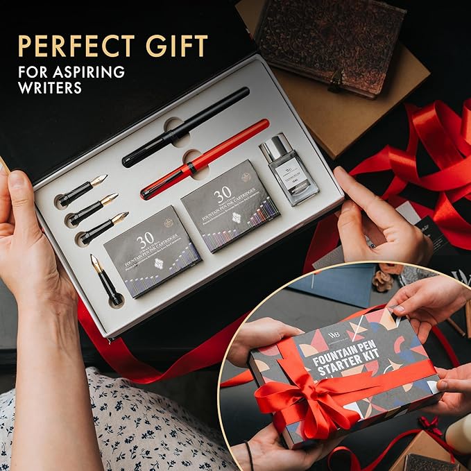 Wordsworth and Black Fountain Pen Set - Black - Includes 2 Pens, 18 ML Ink Bottle, 60 Ink Cartridges, A Refill Converter, 1 Medium and 4 Broad Nibs, Brush Pen - Fountain Pen Kit for Beginners