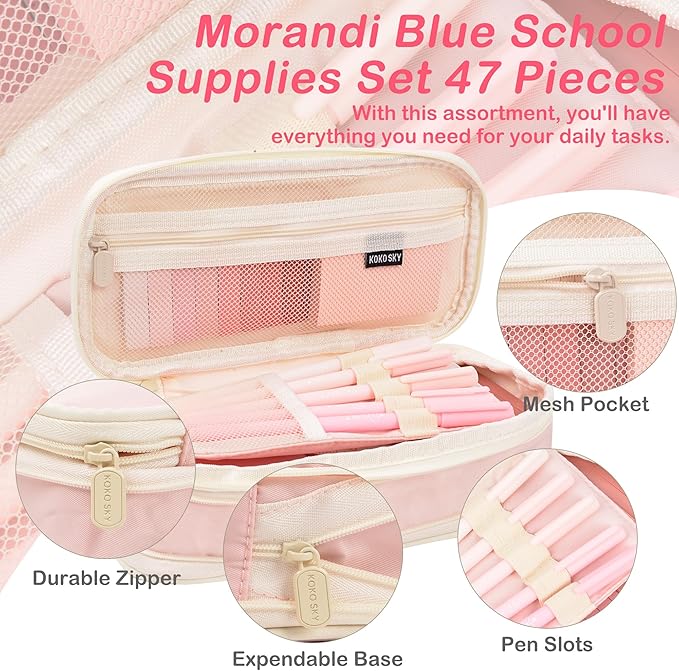 ChezAbbey 47Pcs Aesthetic School Supplies with Pencil Pouch - Cute College Essentials Set, Big Capacity Pen Case, Pastel Highlighters, Bible Study Journaling Stationary Kit (Pink)
