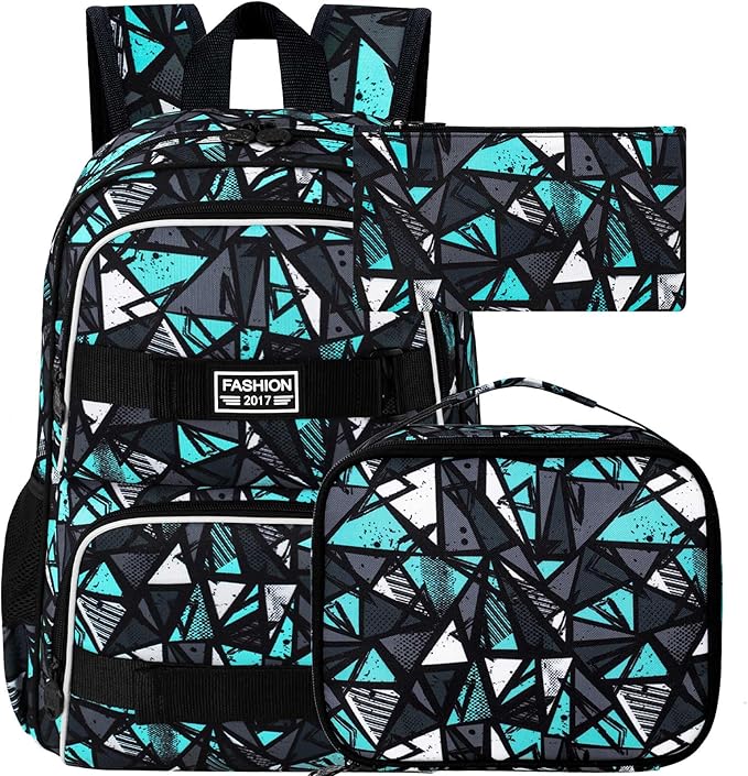 3PCS Boys Bookbag, 17" Water Resistant School Bag with Lunch Box, Cute School Bag Set for College Teenagers High Middle Elementary - Geometry White