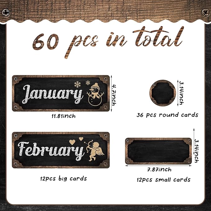 Gueevin 60 Pcs Industrial Chic Months of The Year Bulletin Board Set Holiday Monthly Headliners Employee of The Month Sign 12 Seasonal Monthly Headers for School Classroom Teacher Chalkboard Calendar