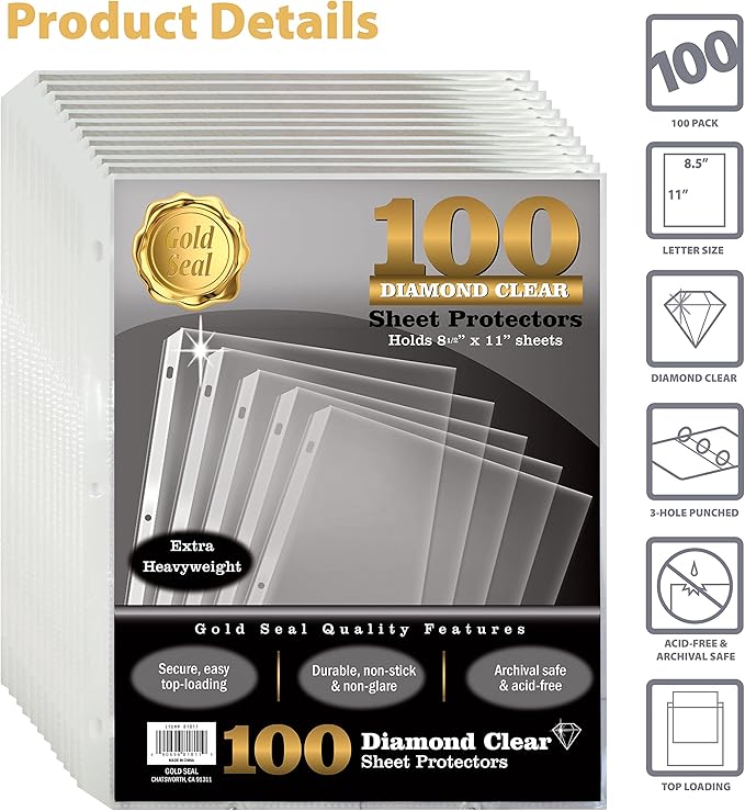 GOLD SEAL 100 Count Diamond Clear Extra Heavyweight Sheet Protectors, 4 mils Strong,8.5 x 11, Top Load, 100 Pack