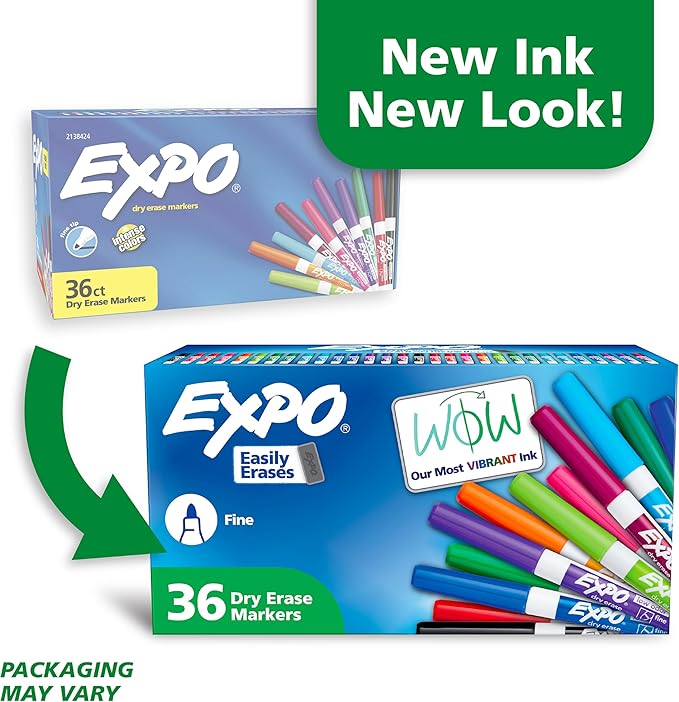 EXPO Fine-Tip Low-Odor Ink Dry Erase Markers Assorted Vibrant Colors Pack of 36 Markers for Classrooms Offices & Homes