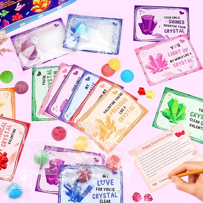 24PCS Crystal Growing Kit Valentines Day Gifts for Kids, Science Kits with Valentines Day Cards for Kids School Exchange STEM Science Experiments Planting Crystal Classroom Party Favors Boys Girls