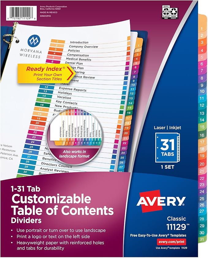 Avery 1-31 Dividers for 3 Ring Binders, 31 Tabs per Set, Customizable Table of Contents, Multicolor Tabs, Great for Organizing Reports, Projects, and More (12 Sets of 11129)
