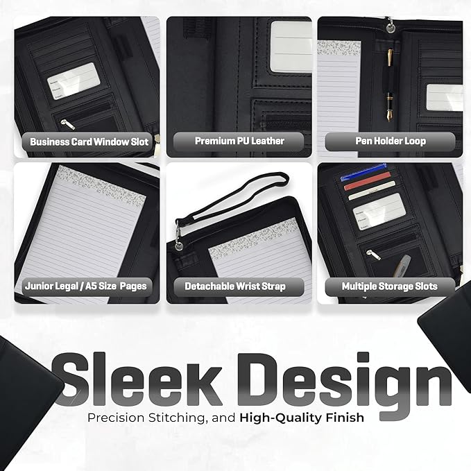 Customized Junior Zippered Leather Padfolio - Name/Logo Printed on Black PU Leather Portfolio Binder & Organizer Folder with 8 Inch Tablet Sleeve & with Junior Legal Notepad