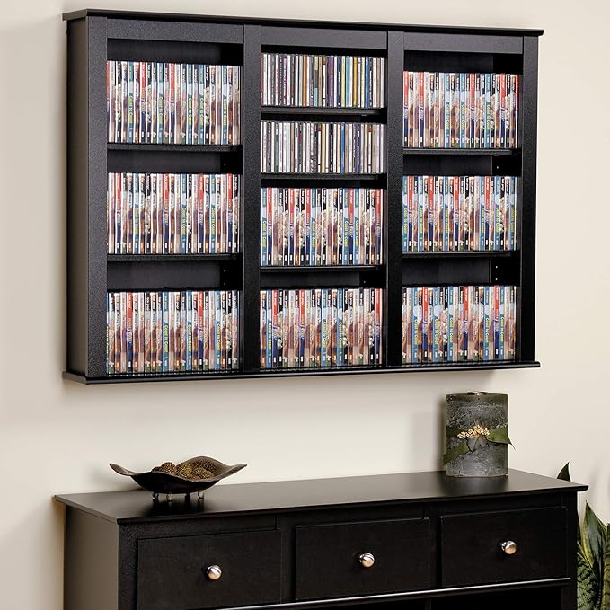 Prepac 3 Column Display Cabinet, Black Storage Cabinet with 12 Adjustable Shelves, Wall DVD Storage for Living Room 8.25" D x 47" W x 34" H