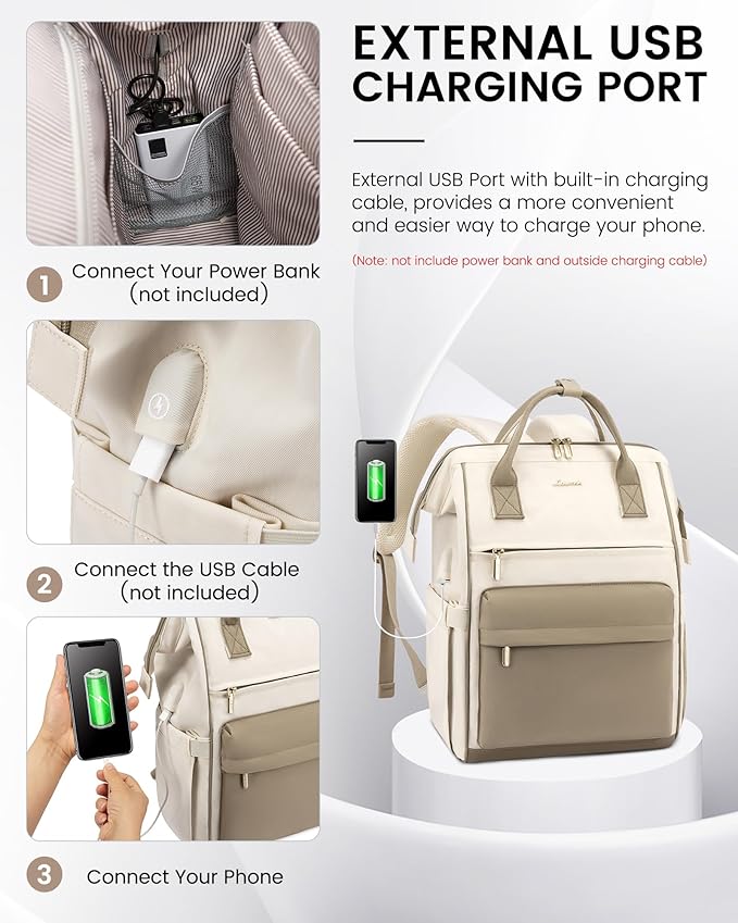 LOVEVOOK Laptop Backpack for Women, 18 Inch Work Teacher Nurse Bag, Large Capacity Business Computer Backpack Purse with USB Port, Stylish Casual Daypack for Travel,Beige&Khaki