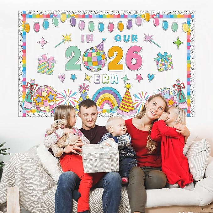 Groovy New Year Disco Ball Bulletin Board Decorations in Our 2026 Era Classroom Paper Cutouts Colorful 2026 New Year Party Decor for Holiday School Classroom Chalkboard Wall Decor Teacher Supplies