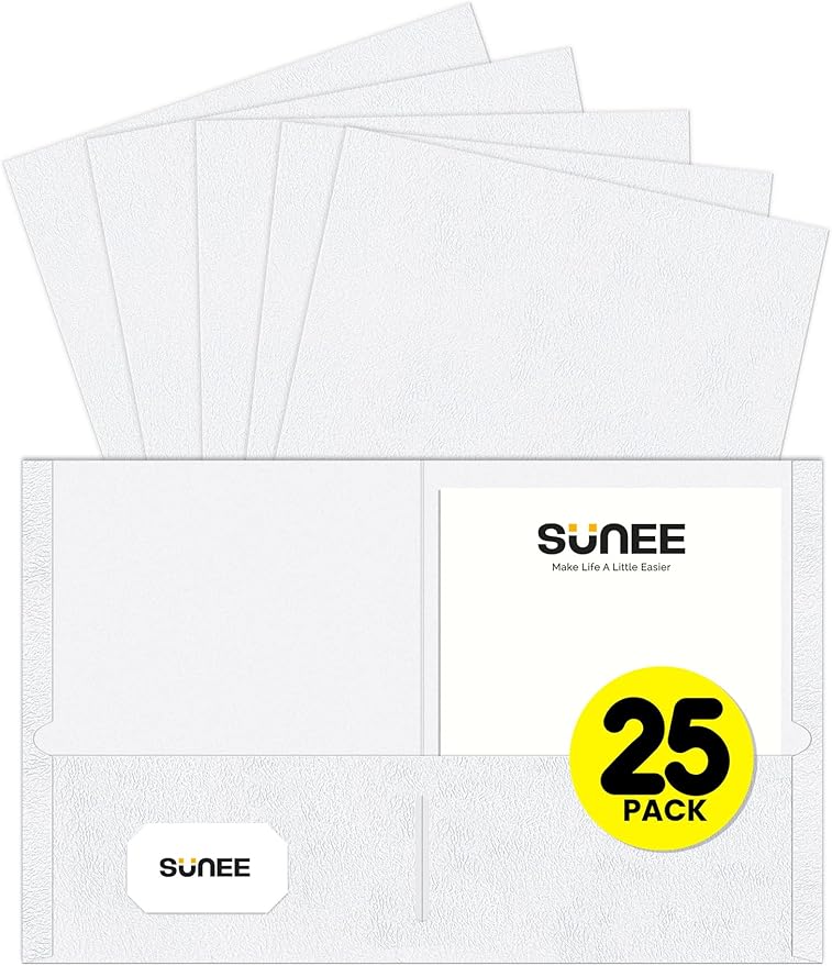 SUNEE Folders with Pockets (25 Pack, White), 2 Pocket Folders Fit Letter Size Paper, Paper File Folder for School Office Home Bussiness