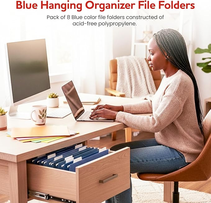 Blue Hanging File Folders – 8 Pack, Letter Size File Organization Folders for Home, Office, School & Filing Cabinets