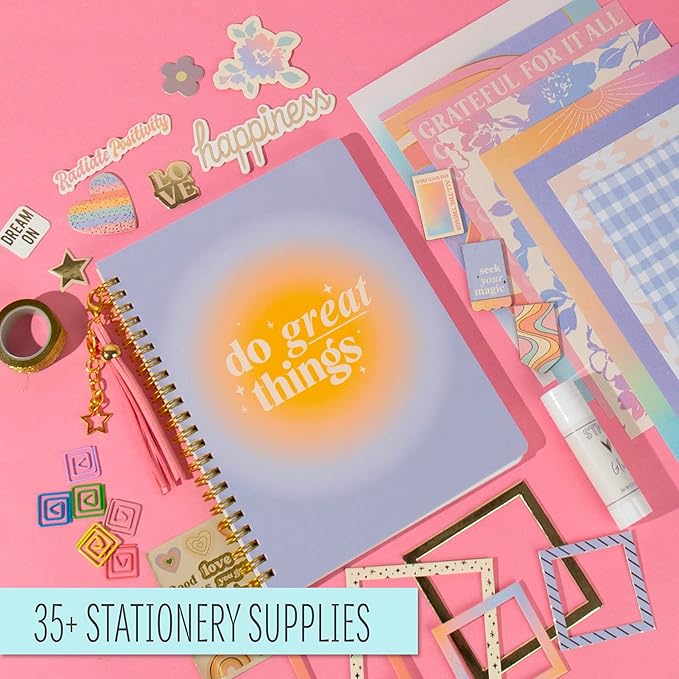 STMT DIY Journal Set, 70-Sheet Hardcover Spiral-Bound Kit, Over 35 Stationery Supplies, Including Stickers, Frames, Pen, Keychain, Glue Stick & More, Girls Gifts