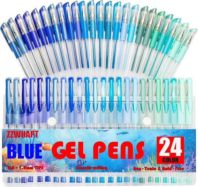 Blue Gel Pens,72 Color Gel Pens Set including 24 Color Gel Pen with 48 Refills,40% More Ink Colored Gel Pens for Adult Drawing, Doodling, Scrapbook, Journaling