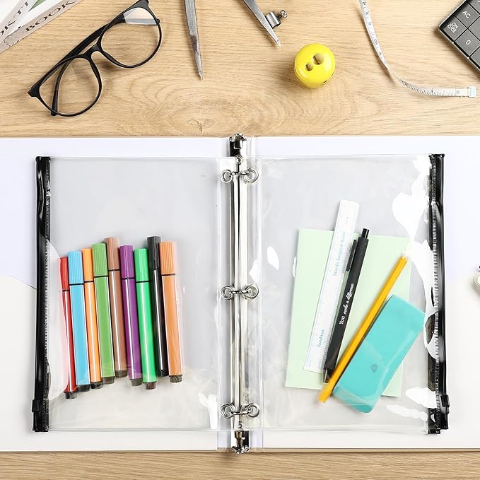 Lincia 24 Pack Clear Pencil Pouch for 3 Ring Binder Pencil Case with Zipper 3 Ring Binder Pocket Insert Bag 10 x 7'' Visible Cash Envelope with Re-enforced Grommet for Office (Black,Clear)