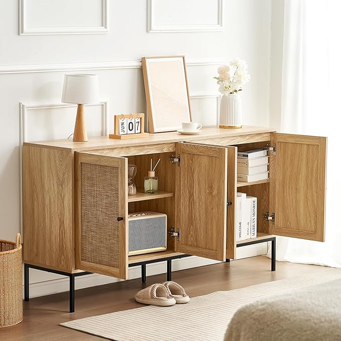 VEVOR Rattan Storage Cabinet with 4 Magnetic Doors and Adjustable Shelves, Sideboard Buffet for Hallway, Entryway, Living Room, or Kitchen, Natural