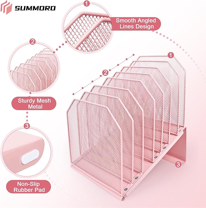 Inclined File Organizer for Desk, 7-Tier Vertical File Folder Holder Office Desk Organizer Metal Rack File Wire Mesh Desktop Document Sorter for Office School Classroom Home (Pink)