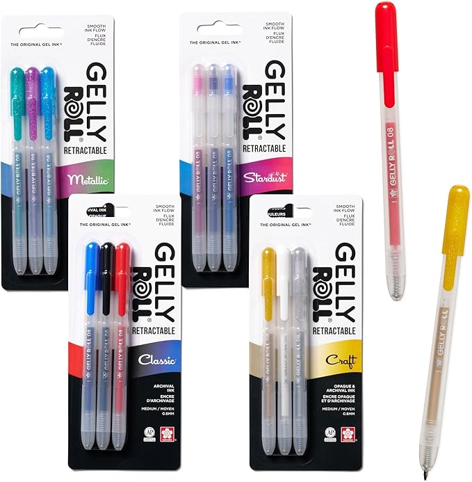 SAKURA Gelly Roll Retractable Gel Pens Colored - Classic, Craft, Stardust & Metallic - For Journaling, Art, or Drawing - Medium Point - With Assorted Colored Ink - 12 Pens