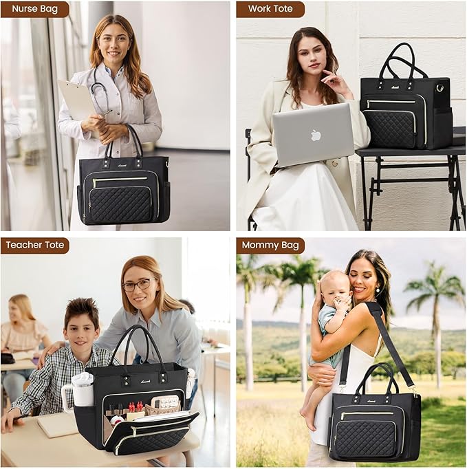 LOVEVOOK Teacher Tote Bag for Women Work, Laptop Bag Work Tote Bag Nurse Bags With Large Cup Holder, Professional Computer Briefcase Business Large Purses Handbag, Diaper Bag Mother Gift, Black