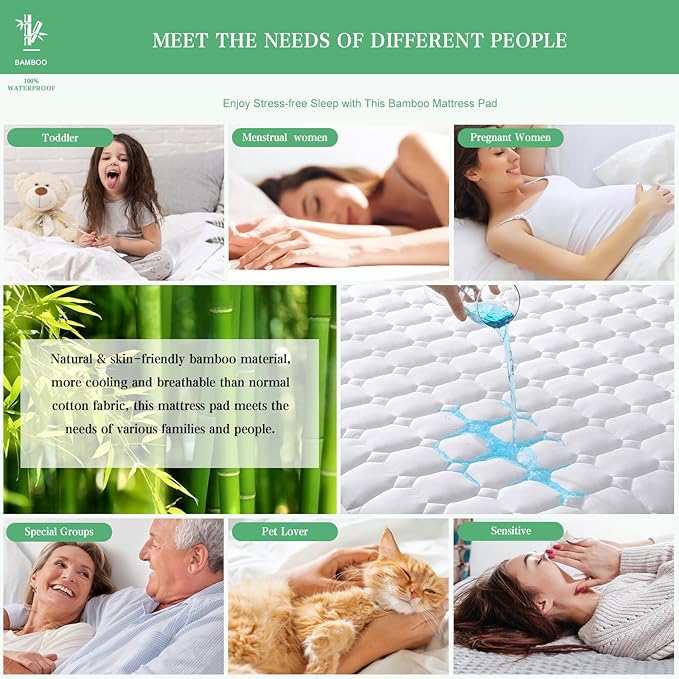 UNILIBRA Queen Mattress Protector Waterproof Rayon from Bamboo, Deep Pocket Mattress Pad Cover Fit up to 6''-21'', Breathable Soft Filling Quilted Fitted Mattress Topper