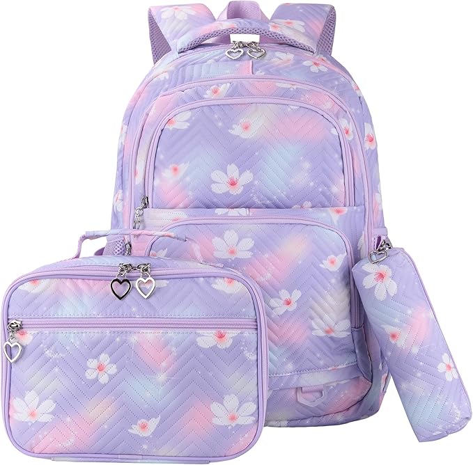 Girls Backpack with Lunch Box for Elementary Middle School,17 Inch Purple Lightweight School Backpack with Lunch Bags Set for Girls