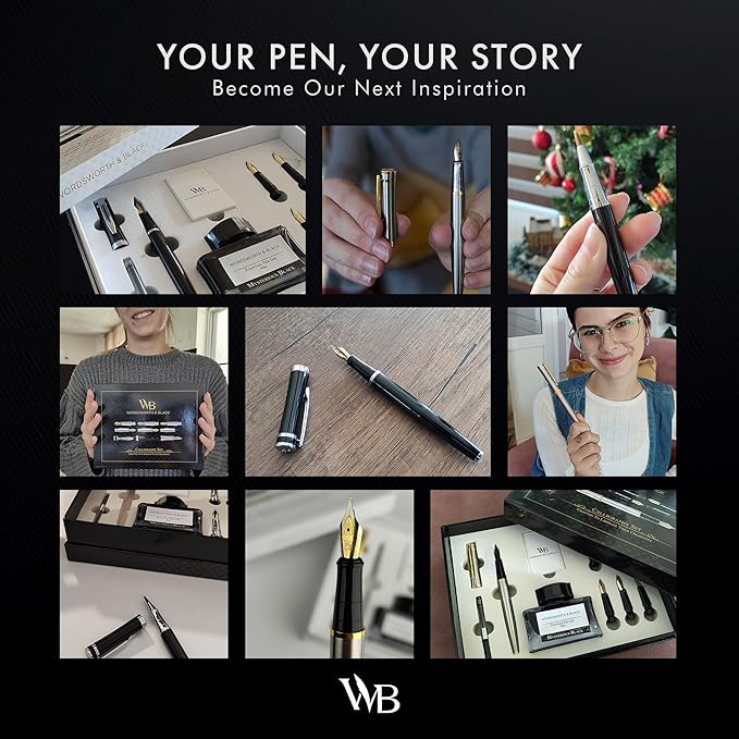 Wordsworth & Black Fountain Pen Gift Set, Includes Ink Bottle, 6 Ink Cartridges & A Refill Converter, 4 Replacement Nibs, Premium Package, Journaling, Calligraphy, Smooth Writing Pens [Black Chrome]