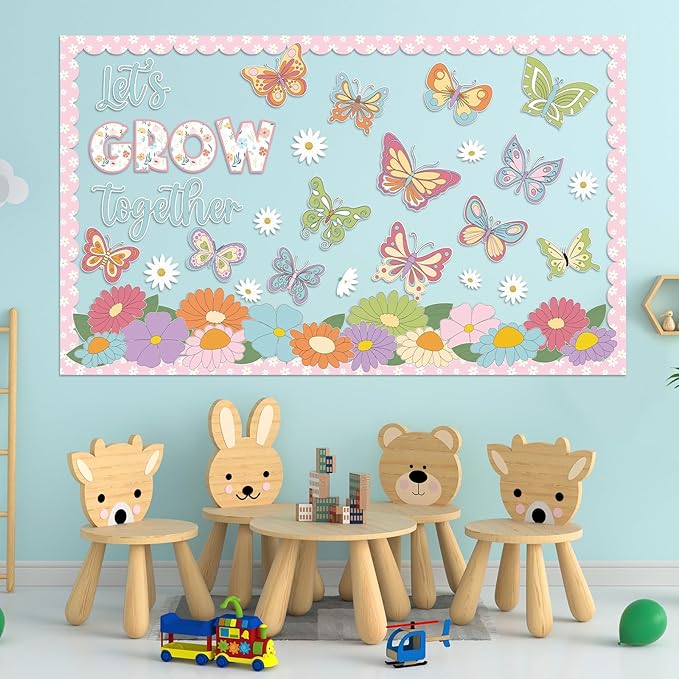 Spring Bulletin Board Decorations Set Spring Butterfly Bulletin Board Let’s Grow Together Paper Cutouts Colorful Floral Classroom Decor for School Offices Home Nursery Chalkboard Wall Supplies