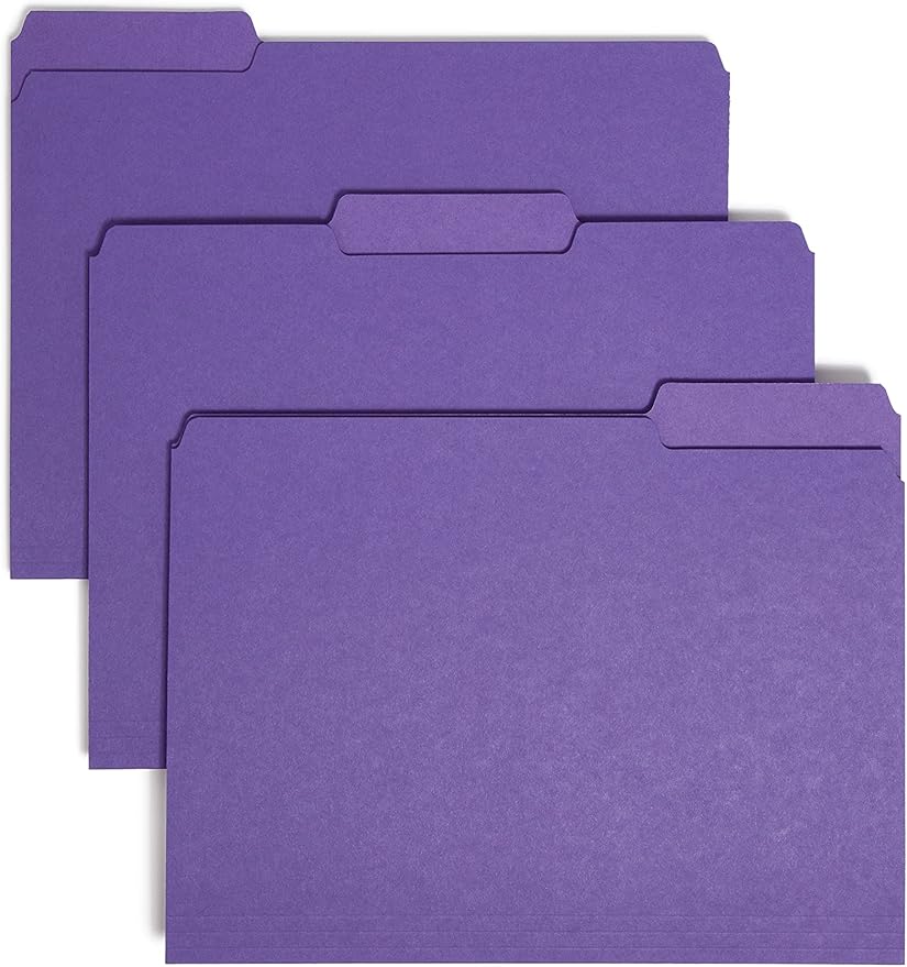 Smead Interior File Folder, 1/3-Cut Tab, Letter Size, Purple, 100 per Box, Expandable File Folders for Filing Cabinet