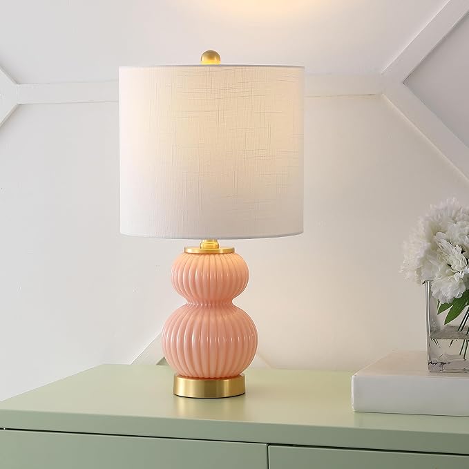 JONATHAN Y 20" Pink/Brass Gold Ribbed Gourd Glass Table Lamp, Modern Bedside Lamp for Bedroom Living Room, White Linen Drum Shade, LED Bulb Included (JYL1099B)